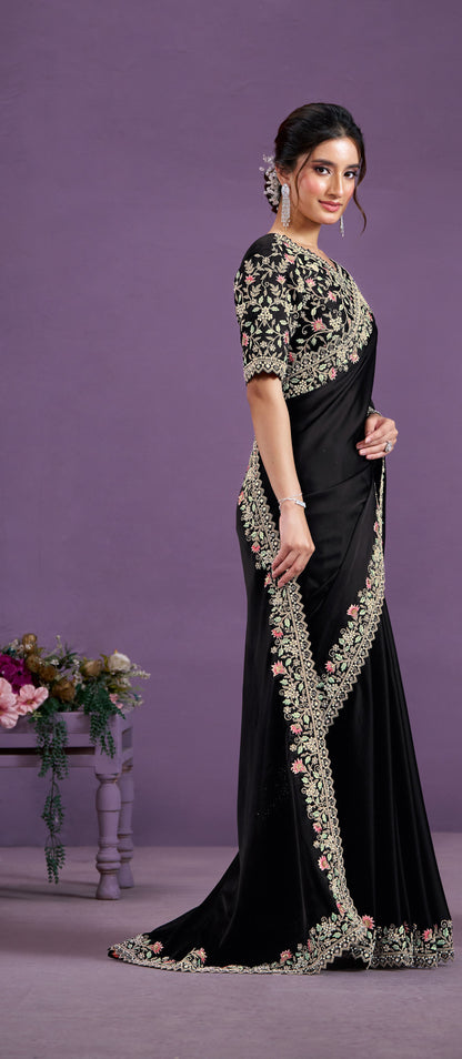 Black Satin Silk Mirror & Moti Work Party Wear Saree
