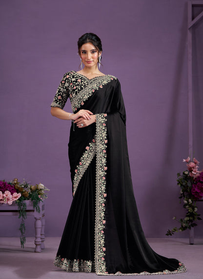 Black Satin Silk Mirror & Moti Work Party Wear Saree
