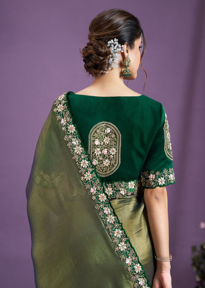 Teal Green Malai Satin Silk Sequins with Patch Work Saree
