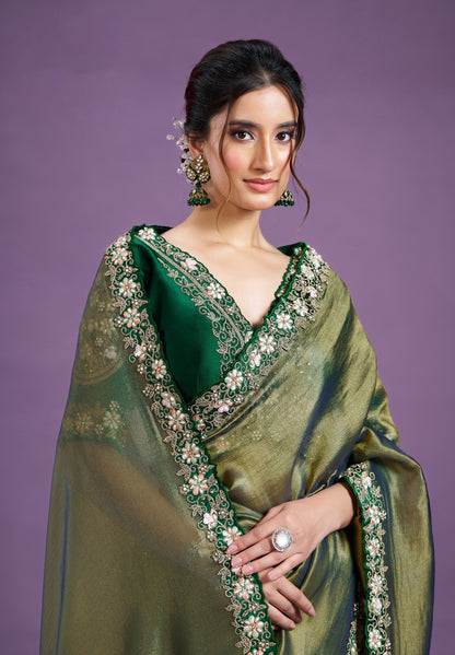 Teal Green Malai Satin Silk Sequins with Patch Work Saree