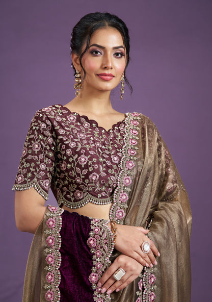 Light Brown Malai Satin Silk Moti work Saree