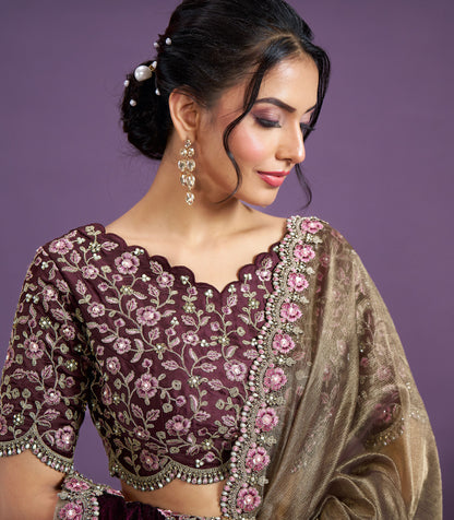 Light Brown Malai Satin Silk Moti work Saree