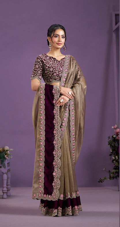 Light Brown Malai Satin Silk Moti work Saree