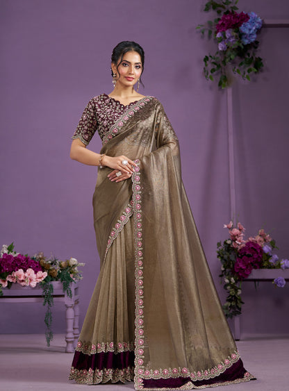 Light Brown Malai Satin Silk Moti work Saree