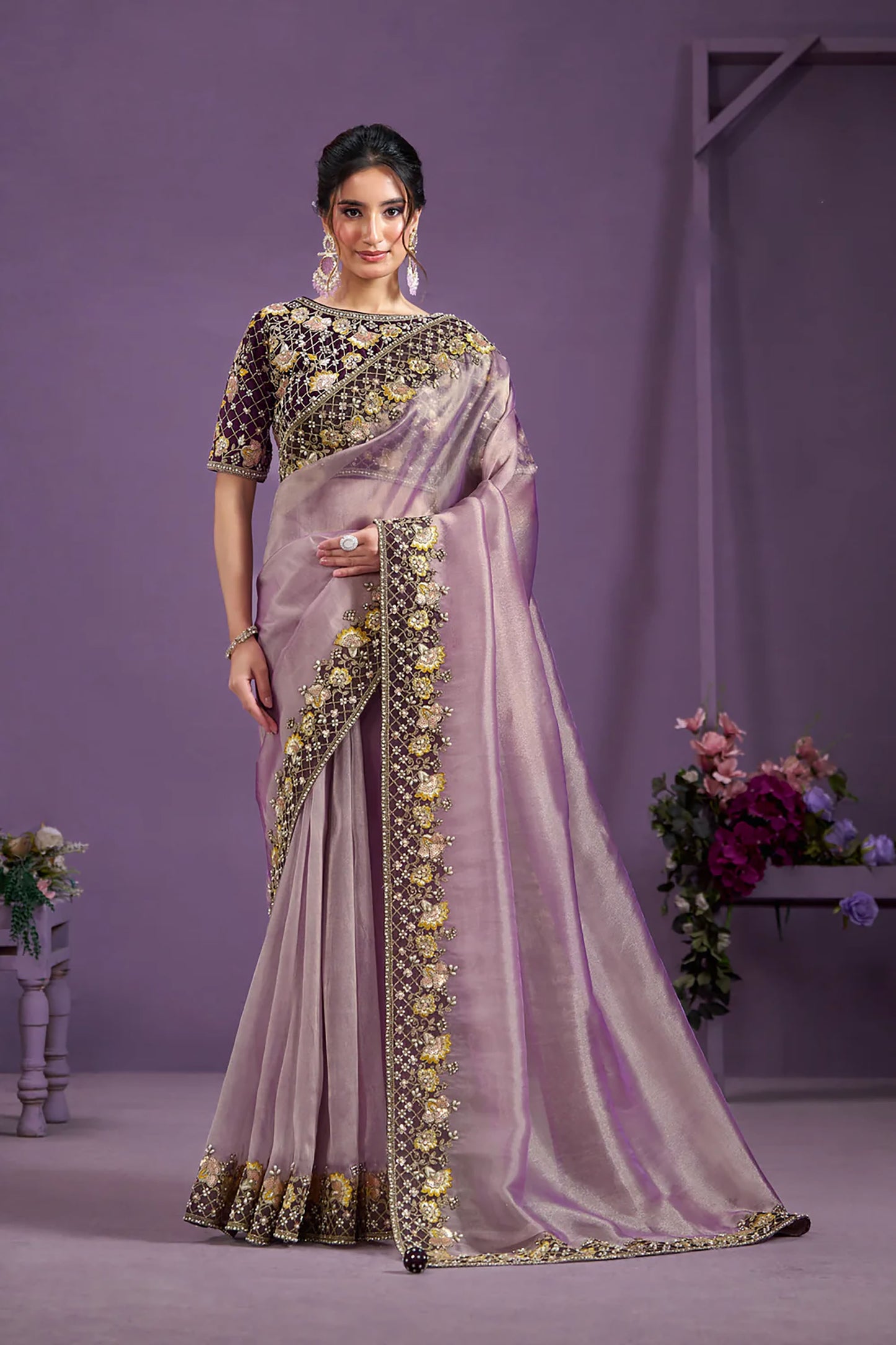 Lavender Malai Satin Silk Moti Work Saree