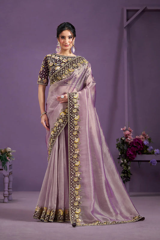 Lavender Malai Satin Silk Moti Work Saree