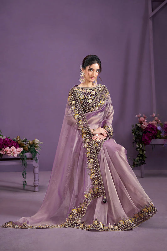 Lavender Malai Satin Silk Moti Work Saree