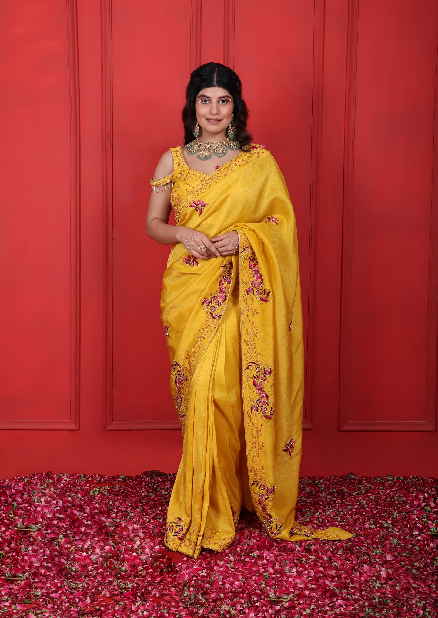 Heavy Hand Embroidered Sunflower Yellow Saree Set