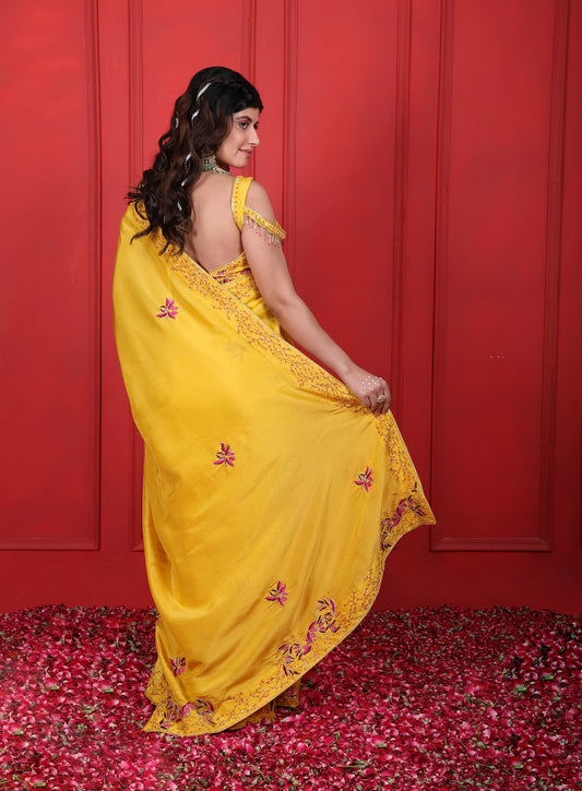 Heavy Hand Embroidered Sunflower Yellow Saree Set