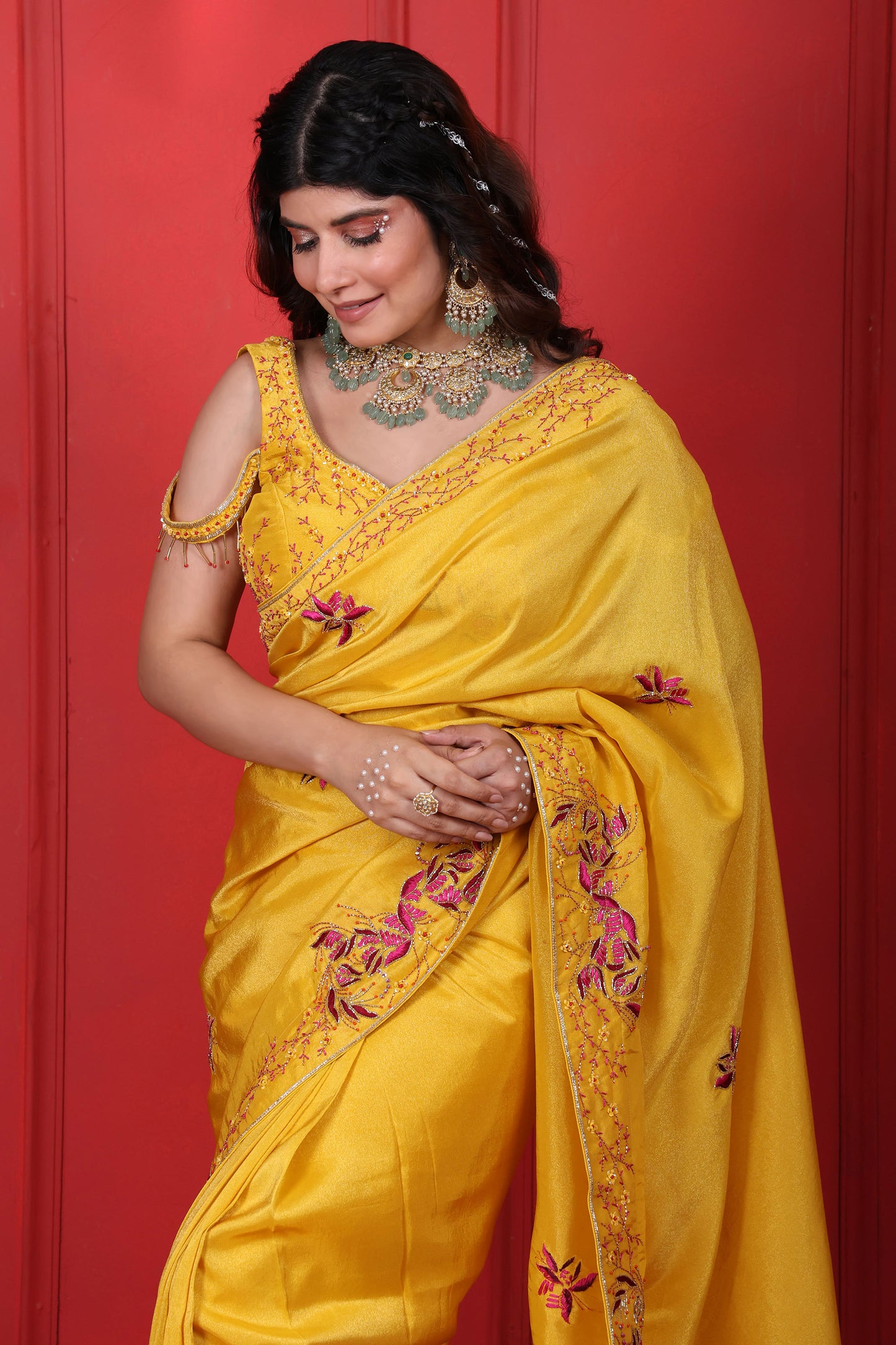 Heavy Hand Embroidered Sunflower Yellow Saree Set