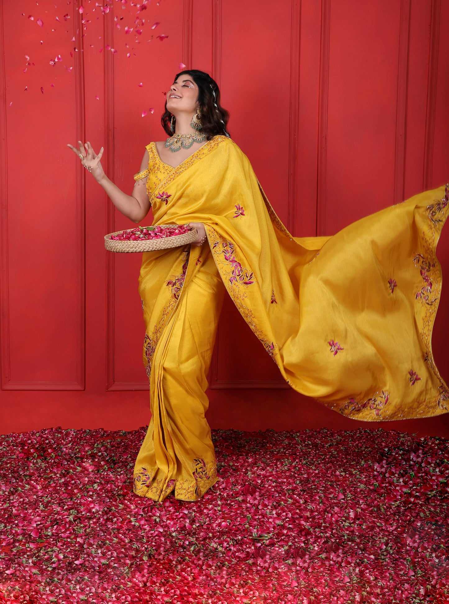 Heavy Hand Embroidered Sunflower Yellow Saree Set