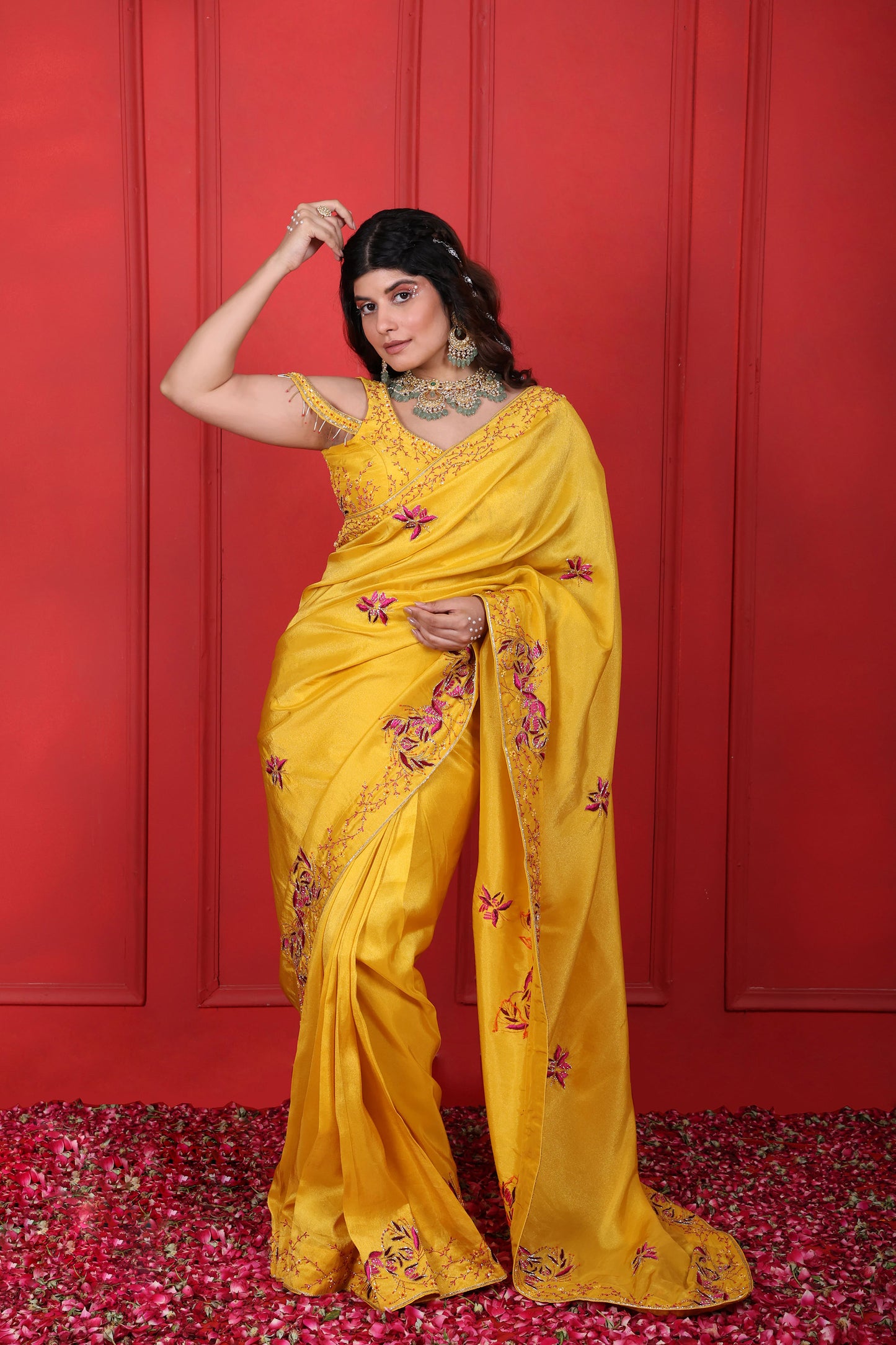 Heavy Hand Embroidered Sunflower Yellow Saree Set