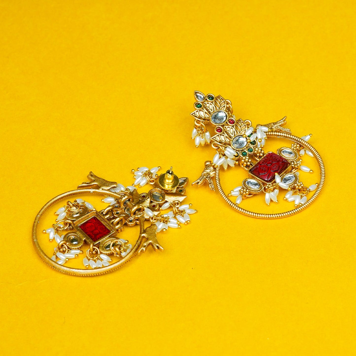 Zevar Club 18K Gold-Plated White Kundan Studded Bird Motif Drop Earrings with Pearls & Red Stone