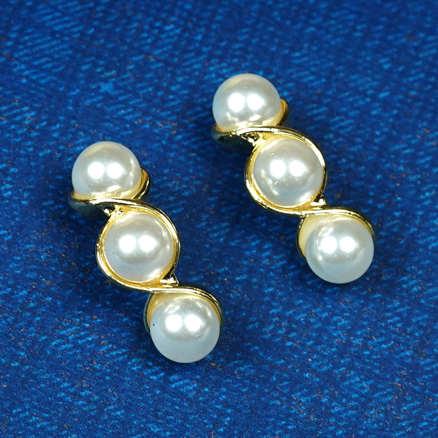 Zevar Club Gold Tone Triple Glossy White Pearl Beaded Curved Wave Design Drop Earrings for Women