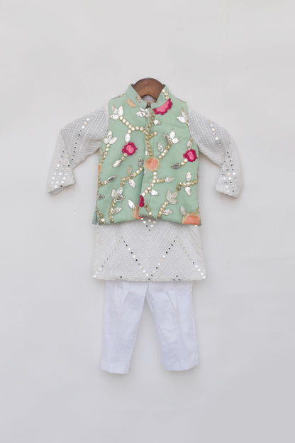 Pista Green Gotta Embroidery Jacket And White Mirror Kurta Pant