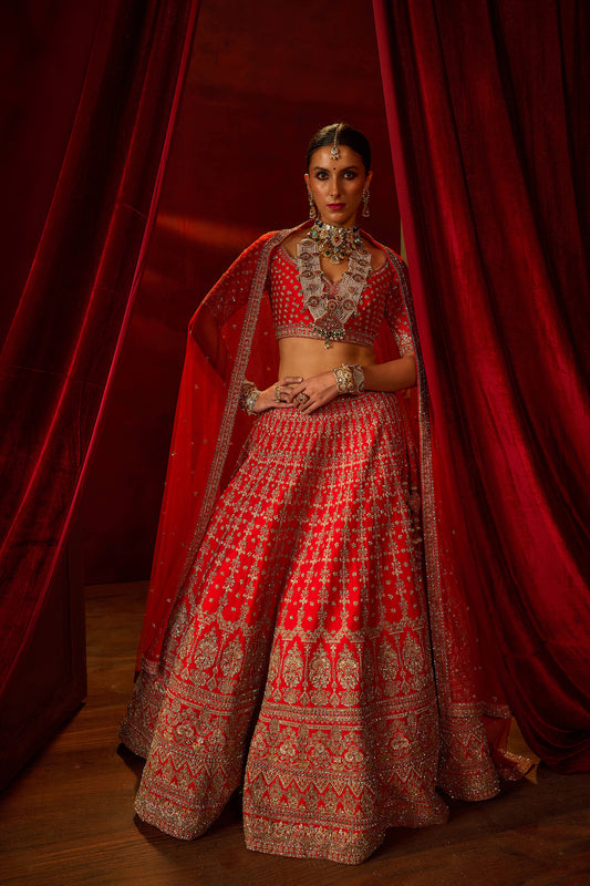 Red Raw Silk Hand & Machine Embroidered Lehenga Set