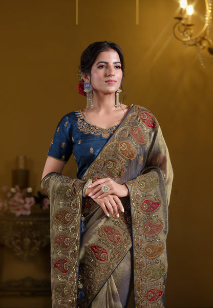 Teal Blue Zari Organza Silk Khatli work Saree