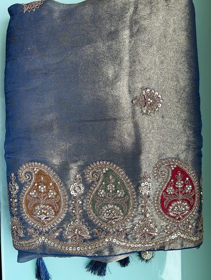 Teal Blue Zari Organza Silk Khatli work Saree
