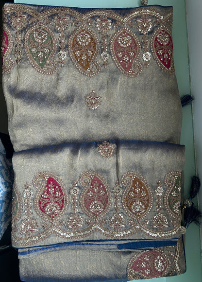 Teal Blue Zari Organza Silk Khatli work Saree