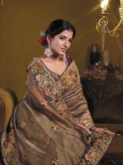 Wine Banarasi Crush Khatli work Festive Saree