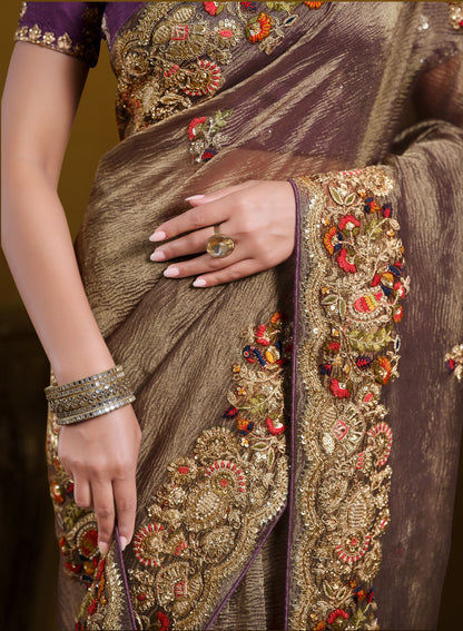 Wine Banarasi Crush Khatli work Festive Saree