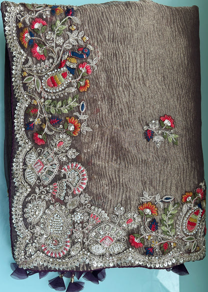 Wine Banarasi Crush Khatli work Festive Saree