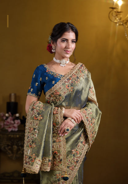 Green Zari Organza Silk Khatli work Saree