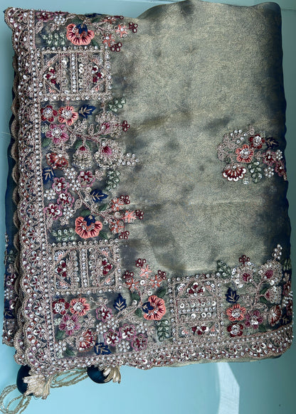 Green Zari Organza Silk Khatli work Saree