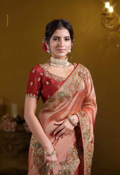 Orange Twill Tissue Khatli Work Festive Saree