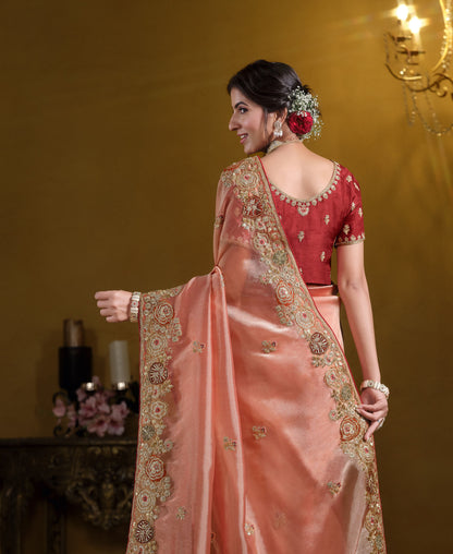 Orange Twill Tissue Khatli Work Festive Saree