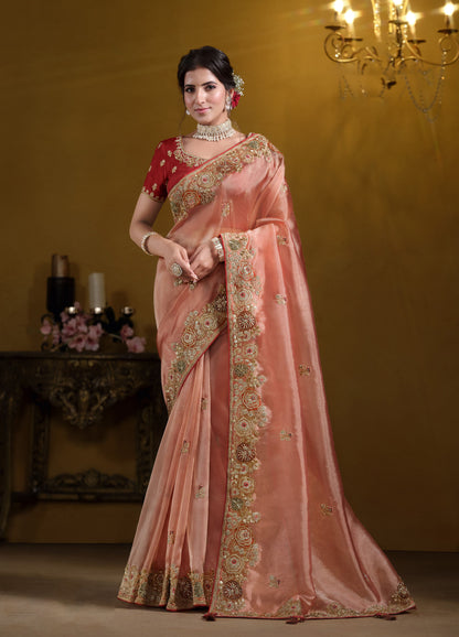 Orange Twill Tissue Khatli Work Festive Saree