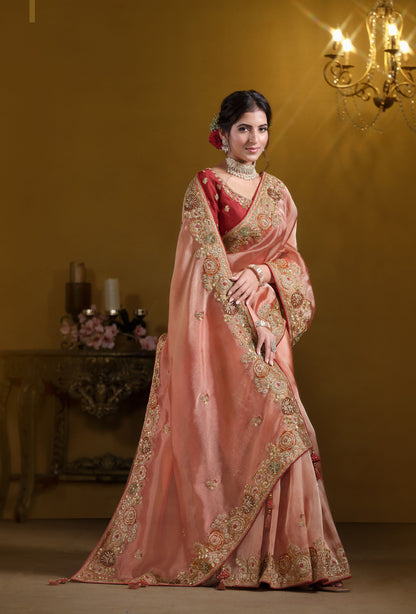 Orange Twill Tissue Khatli Work Festive Saree