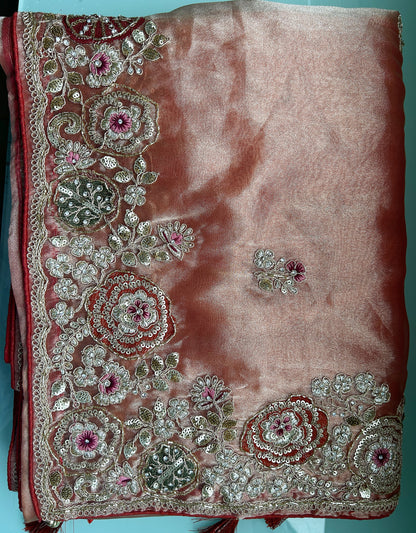 Orange Twill Tissue Khatli Work Festive Saree