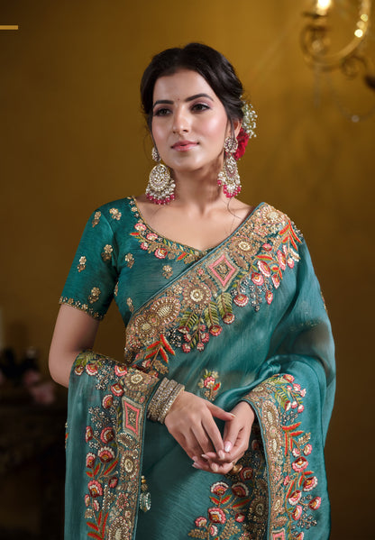 Teal Blue Twill Tissue Khatli work Saree