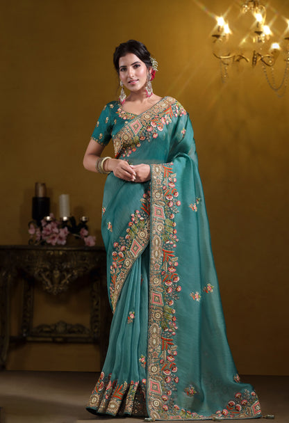 Teal Blue Twill Tissue Khatli work Saree