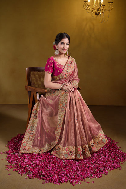 Peach Zari Organza Silk Khatli work Saree