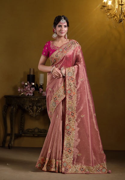 Peach Zari Organza Silk Khatli work Saree