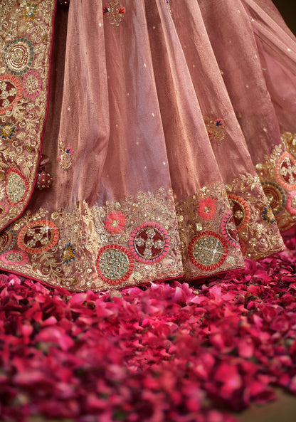 Peach Zari Organza Silk Khatli work Saree