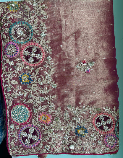 Peach Zari Organza Silk Khatli work Saree