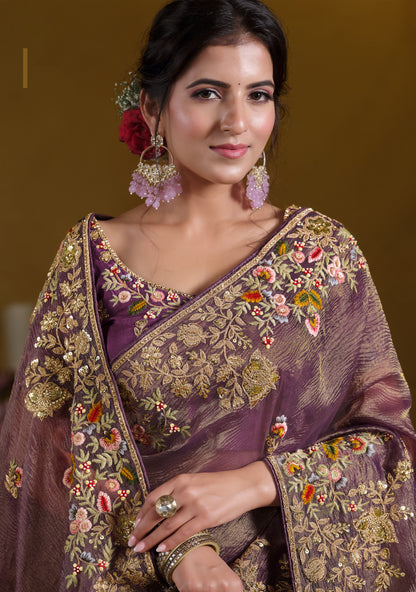 Purple Banarasi Crush Khatli work Saree