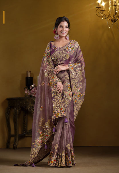 Purple Banarasi Crush Khatli work Saree
