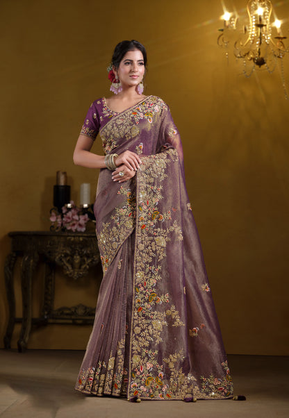 Purple Banarasi Crush Khatli work Saree