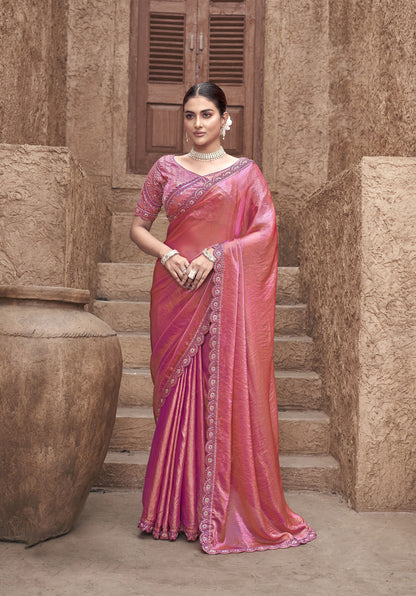 Peach Satin Silk Hand Embroidery Party Wear Saree