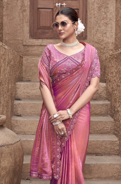 Peach Satin Silk Hand Embroidery Party Wear Saree