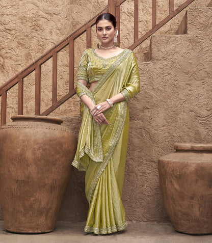 Mehendi Green Satin Silk Hand Embroidery Festive Saree