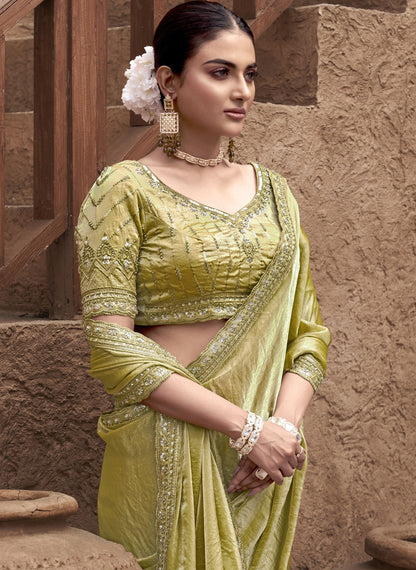 Mehendi Green Satin Silk Hand Embroidery Festive Saree