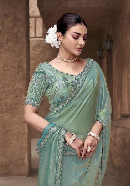 Sea Green Satin Silk Hand Embroidery Party Wear Saree