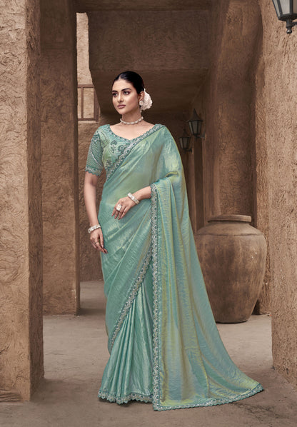 Sea Green Satin Silk Hand Embroidery Party Wear Saree
