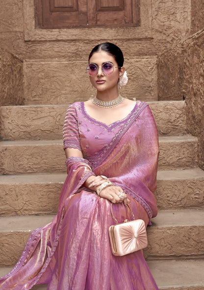 Pink Satin Silk Hand Embroidery Party Wear Saree
