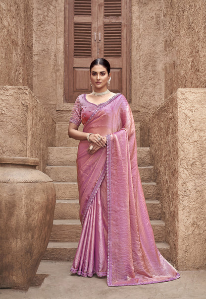 Pink Satin Silk Hand Embroidery Party Wear Saree